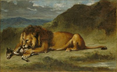 León devorando una cabra de Ferdinand Victor Eugene Delacroix